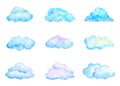 Set of Bright Blue Watercolor Clouds, Isolated on White