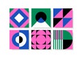 Set of bright cards with abstract geometric elements.