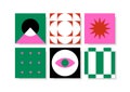 Set of bright cards with abstract geometric elements.