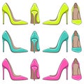 Set of bright color illuminations of female classical shoes with high heels.