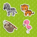 Set of bright color stickers. Brown sloth. Orange tiger. Happy zebra. Pink flamingo. Cute cartoon characters. Vector illustration
