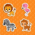 Set of bright color stickers. Orange lion. Brown monkey. Happy zebra. Pink flamingo. Cute cartoon characters. Vector illustration