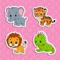 Set of bright color stickers. Orange lion. Green iguana. Orange tiger. Gray elephant. Cute cartoon characters. Vector illustration