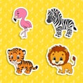 Set of bright color stickers. Orange lion. Orange tiger. Happy zebra. Pink flamingo. Cute cartoon characters. Vector illustration