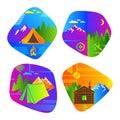 Set of bright colored logos for camping and outdoor recreation.