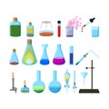 Set of bright colorful chemical laboratory glassware isolated on white background. Royalty Free Stock Photo