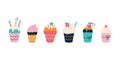 A set of bright colorful cupcakes on a white background in the style of flat doodles. Vector illustration. Children's Royalty Free Stock Photo