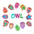 Set bright colorful cute owls round frame for your text on white background, funny birds face with winking eye, bright colors. Vec Royalty Free Stock Photo
