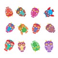 Set bright colorful cute owls on white background, funny birds face with winking eye, bright colors. Vector Royalty Free Stock Photo