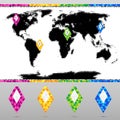 Set Bright Colorful Map Pointers with World Map. Royalty Free Stock Photo