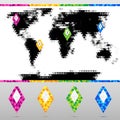 Set Bright Colorful Map Pointers with World Map. Royalty Free Stock Photo