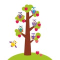 Set bright colorful owls on the branch of apple-tree with red apples on white background. Vector Royalty Free Stock Photo