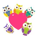 Set bright colorful owls Card design with a funny animal with pink heart on a white background. Vector
