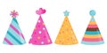 Set of bright cone hats. Colorful accessory for Birthday party.