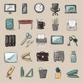 A set of bright cute icons on the topic of work, freelancing, remote work, office, study, education. Stationery, gadgets, furnitur Royalty Free Stock Photo