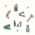 A set of bright cute icons on the topic of work, freelancing, remote work, office, study, education. Stationery, gadgets, furnitur Royalty Free Stock Photo