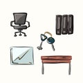 A set of bright cute icons on the topic of work, freelancing, remote work, office, study, education. Stationery, gadgets, furnitur Royalty Free Stock Photo
