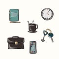 A set of bright cute icons on the topic of work, freelancing, remote work, office, study, education. Stationery, gadgets, furnitur Royalty Free Stock Photo