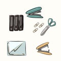 A set of bright cute icons on the topic of work, freelancing, remote work, office, study, education. Stationery, gadgets, furnitur Royalty Free Stock Photo