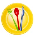 Set bright disposable dishes: plate, spoon, fork and knife isolated.