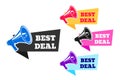 Set of bright flat vector best deal stickers without background with megaphone silhouette Royalty Free Stock Photo