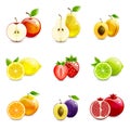 Set of Bright Fruits and Their Halves