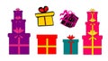 Set of bright gift boxes with bows and ribbons. Gifts for Christmas, New Year and other holidays.