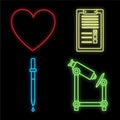 Set of bright glowing multicolored medical neon signs for a pharmacy or hospital store beautiful shiny scientific paper heart