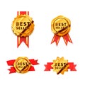 Set of bright golden badges with red tape, glossy best seller icons on white