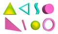 Set of bright graphic elements. Sphere, Triangle, Wave and Cones. 3d rendering
