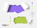 Set of vector bright green and violet hole in torn paper on transparent background. Cardboard hole with ragged edge. Royalty Free Stock Photo