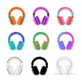 Set of bright headphones in different colors and textures, black silhouette of headphones. Vector