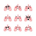 Set of bright human lungs with cute faces, medical icons on white