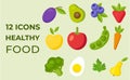 A set of 12 bright icons of fresh, juicy vegetables and fruits.