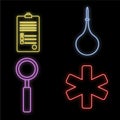 Set of bright luminous multi-colored medical neon signs for a pharmacy or hospital store beautiful shiny science paper ambulance