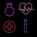 Set of bright luminous multi-colored medical neon signs for a pharmacy or hospital store beautiful shiny scientific paper heart