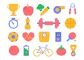 A set of bright and modern healthy lifestyle icons. Sports food, cardio, awards, sports equipment and entertainment. Can be used