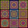 Set of bright multicolor cards with kaleidoscope circular patterns Royalty Free Stock Photo