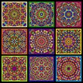 Set of bright multicolor cards with kaleidoscope circular patterns Royalty Free Stock Photo