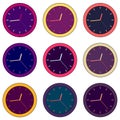 Set of bright multicolor purple simple wall clocks. Seamless pattern in flat style Royalty Free Stock Photo