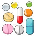 Vector set of bright pills, collection of coloured drugs, clip art with multicolored pills