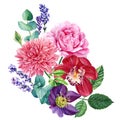 Spring flower on a white background, watercolor hand drawing. Peony, lavender, orchid, eucalyptus, dahlia, hellebore