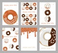 Set of bright postcards with donuts. Donuts with colored glaze and confetti.