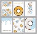 Set of bright postcards with donuts. Donuts with colored glaze and confetti.