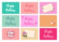 Set of bright postcards. Happy Birthday calligraphy letters on different backgrounds. Festive typography designs for greeti