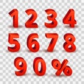 Set of bright red 3D style font numbers sign. 3D number symbol with percent discount sale promotion design isolated in Royalty Free Stock Photo