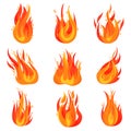Flat vector set of bright red-orange fires. Hot blazing flames. Burning campfires. Cartoon symbol of danger Royalty Free Stock Photo