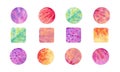 Set of bright red, orange, yellow, green, pink, purple circles and rectangles fill with watercolor effect on a white background.