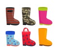 Set of bright rubber boots icons for men, women and children. military princess, child`s drawing, yellow boots Royalty Free Stock Photo