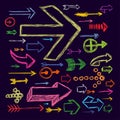 Set of bright scribble arrows hand-drawn on a dark background. Vector Royalty Free Stock Photo